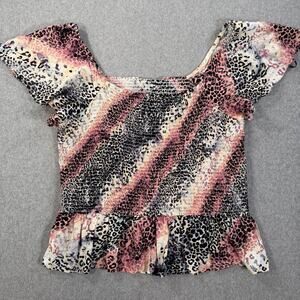 Jessica Simpson Animal Print Smocket Top Women's 3X Flutter Sleeve Ruffle Hem